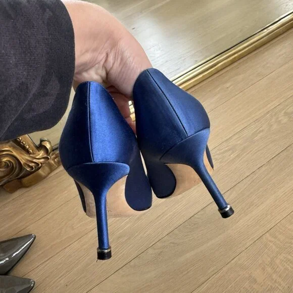 Manolo Blahnik Blue Satin Jeweled Pointed Toe Stiletto Pumps - Picture 3 of 6